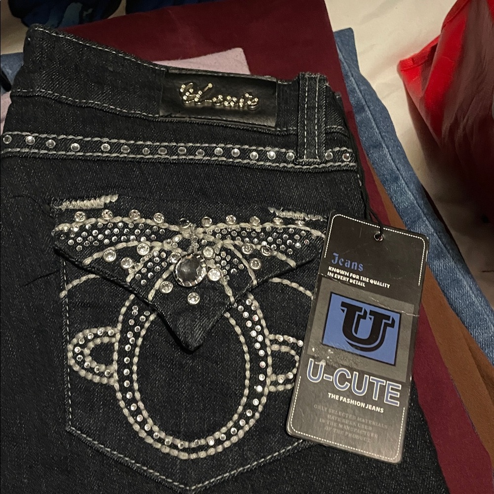 U-CUTE Black Jeans with Crystal Accents